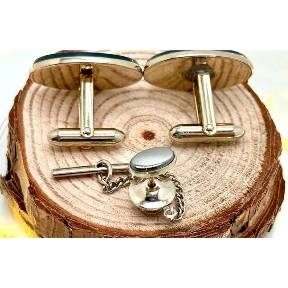 Vintage Hematite Cufflinks & Tie Tack Set – Oval Silver Tone, Black Cabochons - Picture 6 of 6